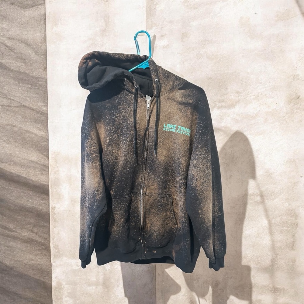 Bleach Dyed Zip Up Hoodie XL Black Acid Wash Port & Company Fleece Festival